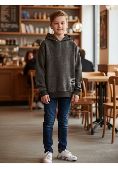 Zekids Erkek Çocuk Kapüşonlu Batik Desenli Sweatshirt-16394 Haki