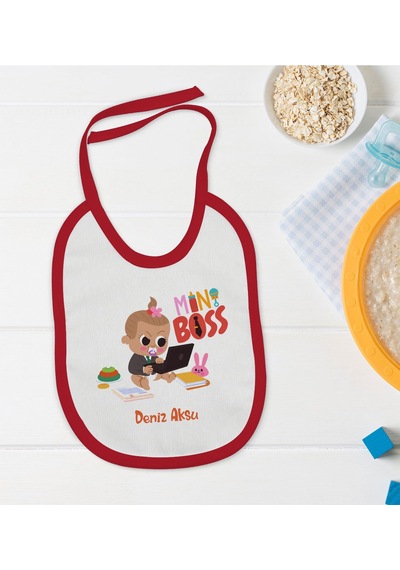 BK Kids Kişiye Özel Mini Boss Tasarımlı Kırmızı Bebek Mama Önlüğü Kırmızı