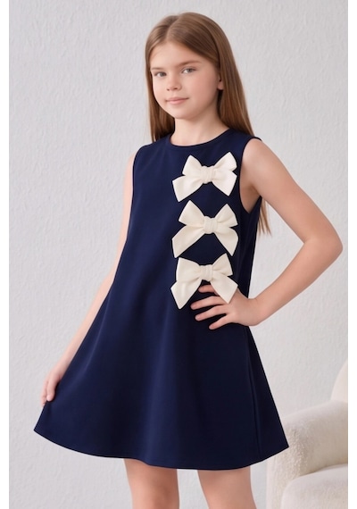 Fesshera Kids Kız Çocuk %100 Pamuk Double Crep Elbise Fiyonk Detaylı Sıfır Kollu Düğme Kapamalı Özel Gün Elbisesi Lacivert