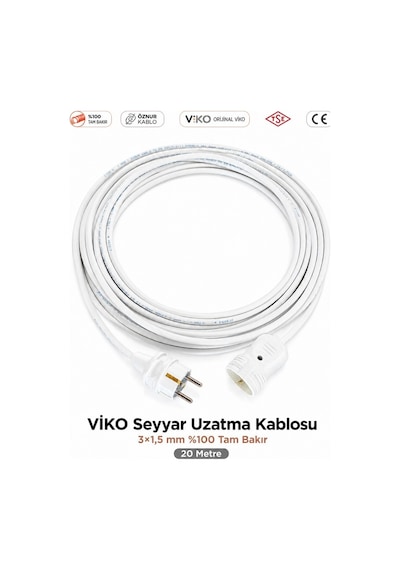 Viko Seyyar Uzatma Kablosu 20m 20 Metre 3x1.5 Mm %100 Bakır Öznur Kablo Viko Erkek Dişi Fiş Klemens Terminalli Topraklı Tse Ce Belgeli 20 M
