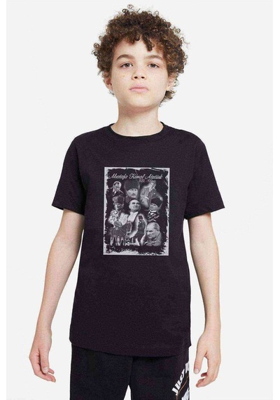 Tshirthane Atatürk Kolaj Baskılı Unisex Çocuk Siyah T-Shirt