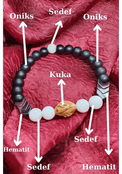 Gümüştel El Sanatları Sertifikalı Beyaz Sedef Hematit Kuka Oniks Doğal Taş Tasarım Bileklik Çok Renkli