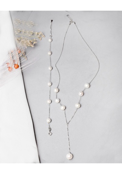 Brezza Lusso Jewelry Special Hakiki İnci Y Model Kadın Gümüş Kolye Bileklik İnci Set