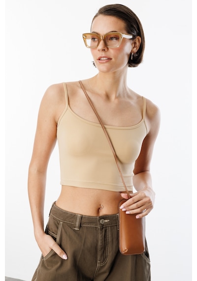 Genius Store Kadın Scuba Kumaş İp Askılı Crop Top Crop-atlet Bej