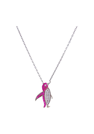 Gümüş Pembe Zirkon Taşlı Penguen Trend Kadın Kolye Öğretmenler