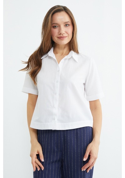 Fullamoda Basic Kolu Ve Beli Manşetli Crop Gömlek Beyaz