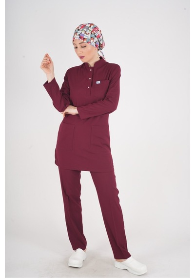 Bordo Renk Sakura Model Tesettür Doktor Hemşire Scrubs Üniforma Takımı Bordo Bordo