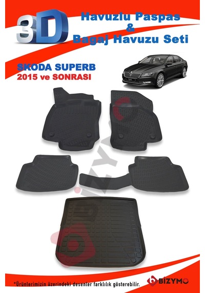 Skoda Superb 2015 Ve Sonrası Paspas Ve Bagaj Havuzu Seti Siyah