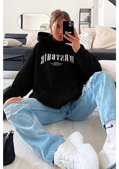 Tarzsokak Unisex Wrstbhr Baskılı Oversize Kapüşonlu Sweatshirt Siyah