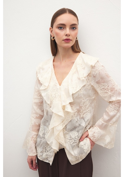 Sateen Fırfır Detaylı Nakışlı Gömlek - Bej-137182 bej