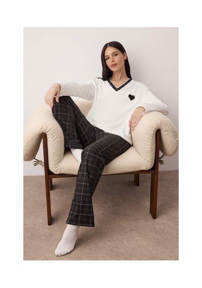 Laperissa Siyah %100 Pamuklu Kalpli Ekoseli Örme Pijama Takımı