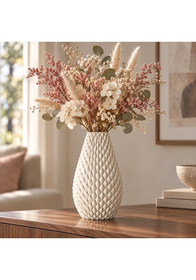 Kabartma Desenli Dekoratif Vazo 20 Cm Modern Tasarım Krem