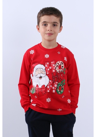 Çocuk Yılbaşı Sweat Noel Baba Ve Kar Tanesi Baskılı Ribanalı E29 Kırmızı