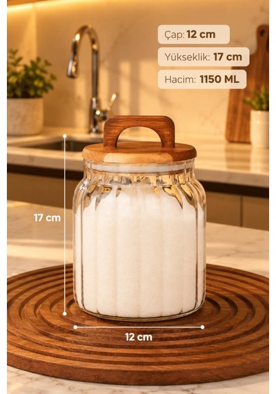 Atbyhome Akasya Kapaklı Çizgili Borosilikat Cam Kavanoz 1150 Ml - Vakumlu Büyük Boy Erzak Bakliyat Saklama Kabı