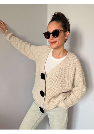 Ali Butik Krem Gül Motif Detaylı Triko Hırka Krem