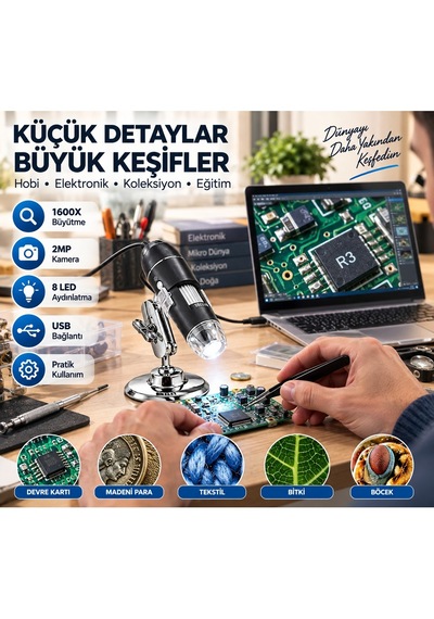 Luve Store 1600x Usb Dijital Mikroskop 2mp Kamera 8 Led Işıklı Metal Standlı