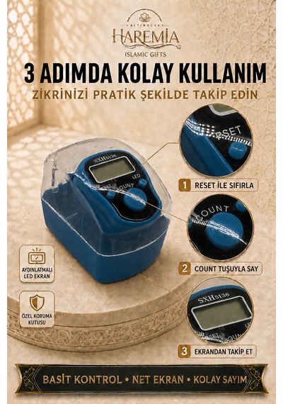 Özel Kutulu Ledli Zikirmatik Dijital Sayaç Mevlid Kandil Hediyesi Mavi Siyah