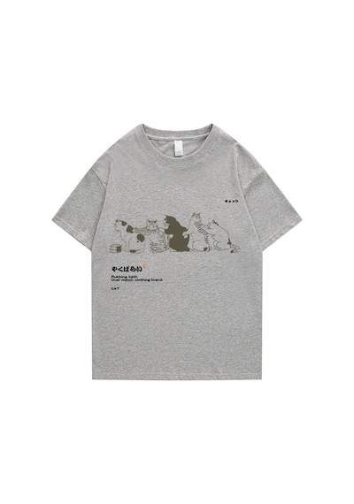 Flood Of Style Erkek Gri Kedi Baskılı Oversize Bisiklet Yaka Tshirt