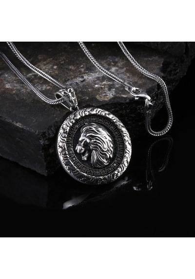 Otantik Motifli Zirkon Taşlı Gümüş Aslan Kolye Gümüş