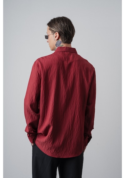 Respire Erkek Çizgi Detaylı Uzun Kollu Oversize Gömlek Bordo