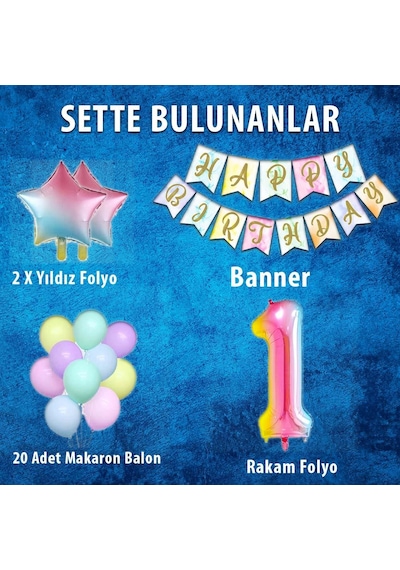 Gökkuşağı Konsepti 1 Yaş Doğum Günü Parti Kutlama Seti; Rakam ve Yıldız Folyo, Banner ve Makaron Balon