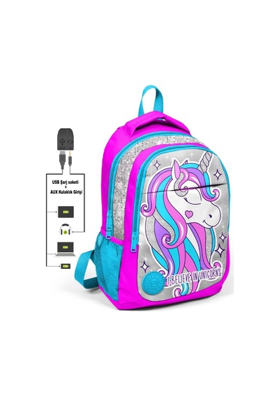 Coral High Pembe Unicorn İlk ve Ortaokul Sırt Çantası USB ve AUX Çıkışlı 23412