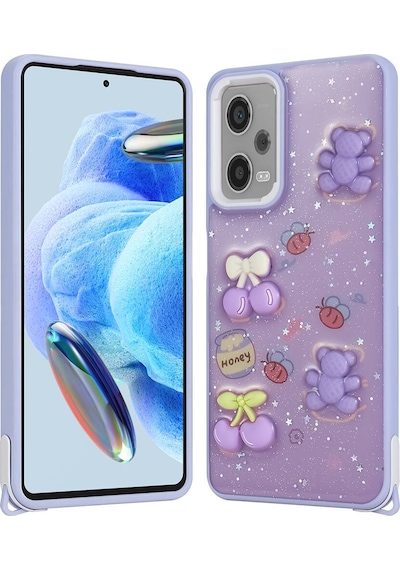Xiaomi Redmi Note 12 Pro Plus 5g Kılıf Parlayan Simli Kabartma Figürlü Zore Cevze Kapak Mor Ayı