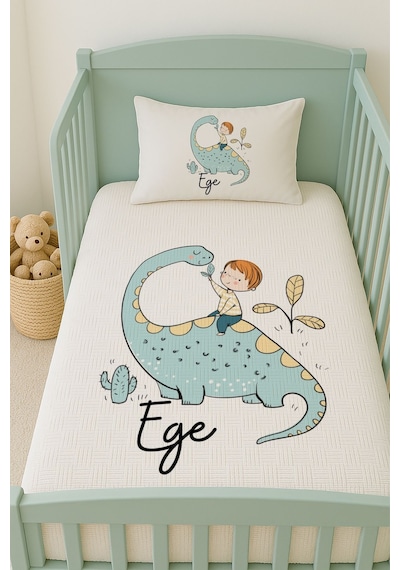 %100 Pamuk İsme Özel İsimli 100x150 Cm Pike Seti Dinozor Ve Çocuk