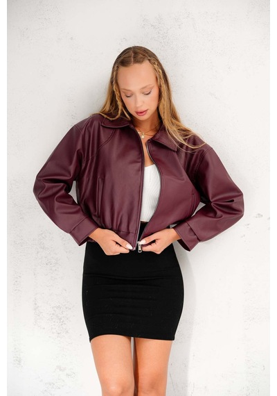 Meecy Kadın Yeni Sezon Bomber Deri Ceket Bordo Bordo