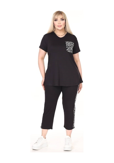 Kısmet Sepeti Kadın Kapri Tshirt İkili Cep Detaylı Viskon Penye Şık Takım siyah