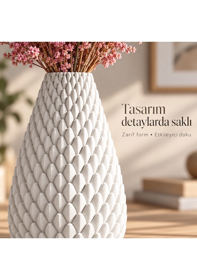 Kabartma Desenli Dekoratif Vazo 20 Cm Modern Tasarım Beyaz