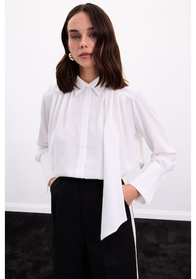 Sateen Fularlı Gömlek - Ekru-136901 ekru