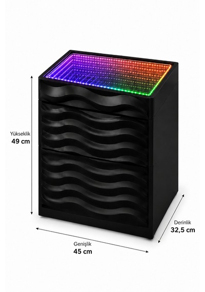 Komodin 3d Led Işıklı Kumandalı Rgb Ledli Modern - Siyah Renk