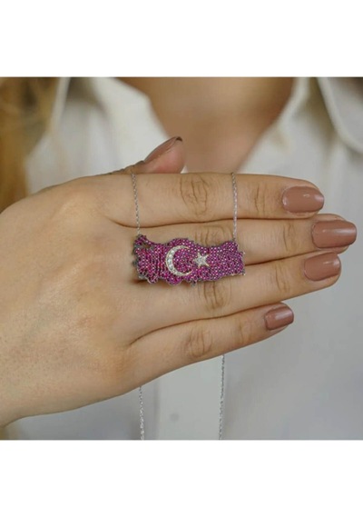 Modagümüşevi 925 Ayar Gümüş Şanlı Ay Yıldız Tasarımlı Türkiye Haritalı Kadın Kolye, Ayyıldız Kolye