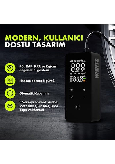 Whirtz 150 Psı Taşınabilir Şarjlı Hava Pompası – Dijital Ekranlı, Led Işıklı, Powerbank