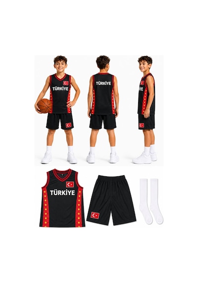 Sonvadi Çocuk Basketbol Forması Türkiye Armalı Siyah-kırmızı 3 Parça Çorap Siyah