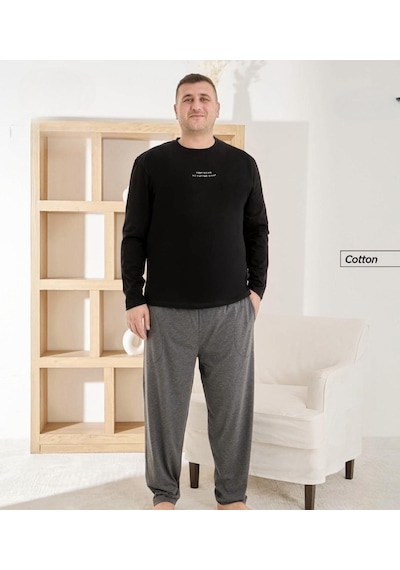 Pijamoni Erkek Battal Bisiklet Yaka Penye Uzun Kol Pijama Takımı 6700/5 - 1 Adet Siyah