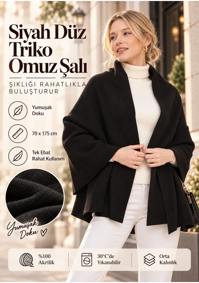 Comerciante Siyah Düz Triko Kadın Omuz Şalı Yumuşak Dokulu Kışlık Şal 70x175 Cm %100 Akrilik Siyah - 930337046 Siyah