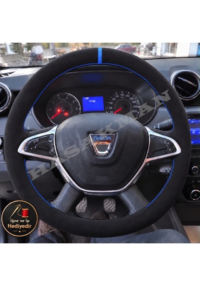 Dacia Duster Dikme Direksiyon Kılıfı Full Alcantara Süet Mavi Yüzük Ve Mavi Dikiş 2018-2021 Siyah