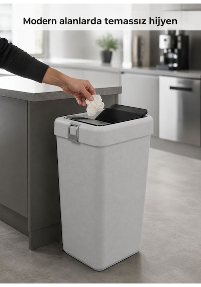 Gri Bas Çek Mutfak Çöp Kovası 40 L - Endüstriyel Modern Büyük Boy Pratik Çöp Kutusu