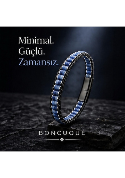 Mavi Aventurin Ve Hematit Doğaltaş Deri & Çelik Örgü Erkek Bileklik Premium Tasarım