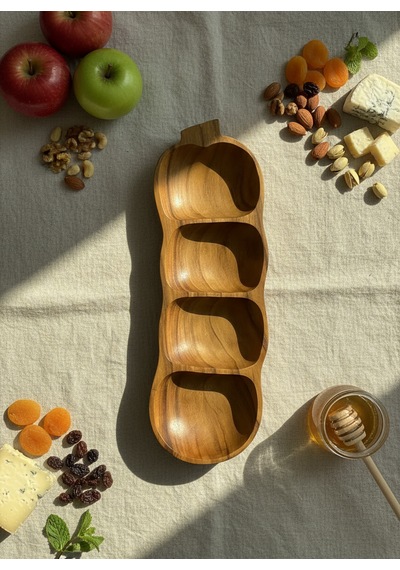 4 Bölmeli Bambu Sunum Tepsisi - Özel Desen Tasarım Ahşap Çerezlik 28 Cm