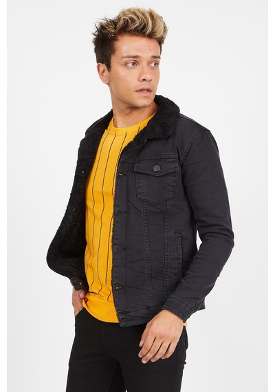 Serseri Jeans Erkek Siyah Kürklü Füme Renk Eskitmeli Slim Fit Kot Ceket Füme
