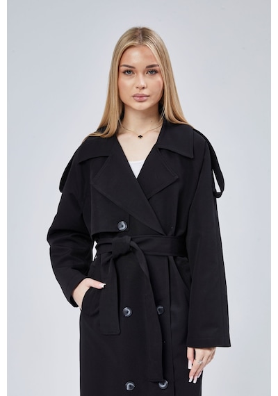 Siyah Oversize Astarlı Uzun Trençkot Siyah