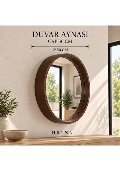 Dekoratif Duvar Aynası Yuvarlak Ceviz Çerçeveli 50cm Kahverengi Şifonyer Ve Makyaj Masası Üstü
