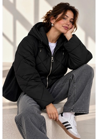 Bb Butik Basic Kadın Kapüşonlu Baklava Desenli Fermuarlı Şişme Mont My3535 siyah