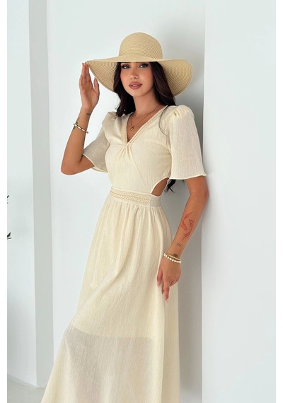 Asprin Fashion Beli Açık Garnili Krinkıl Keten Elbise Krem Krem