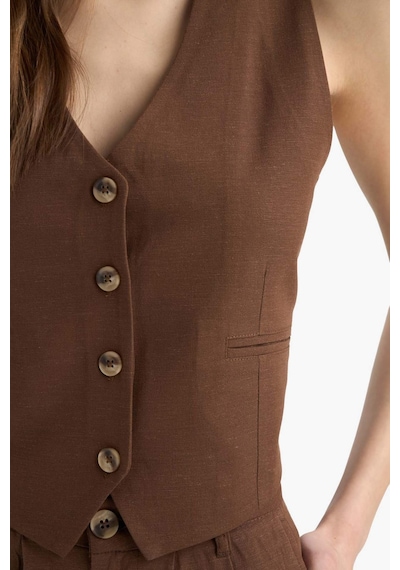 DeFacto V Yaka Keten Karışımlı Blazer Yelek E6209AX25SPBN254 Kahve