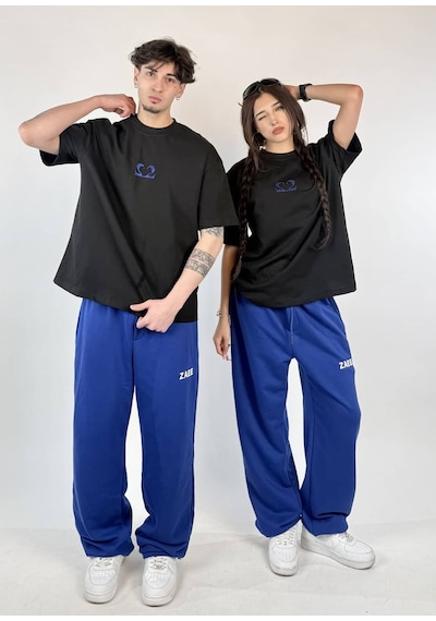 Zaee 2m Motive Taşlı Oversize T-shirt Mavi