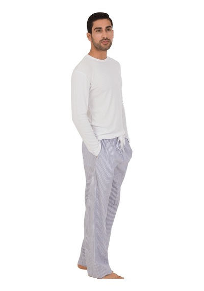 The Don Thedon Beyaz-Açık Mavi Çizgili Desen Ribana Erkek Pijama Takımı
